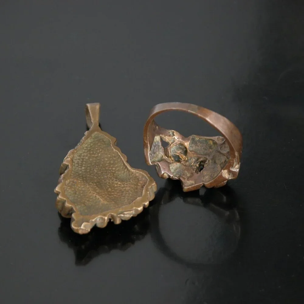Vtg Mid Century Modernist Brutalist Bronze Nugget Necklace Pendant & Copper Ring - Picture 5 of 5